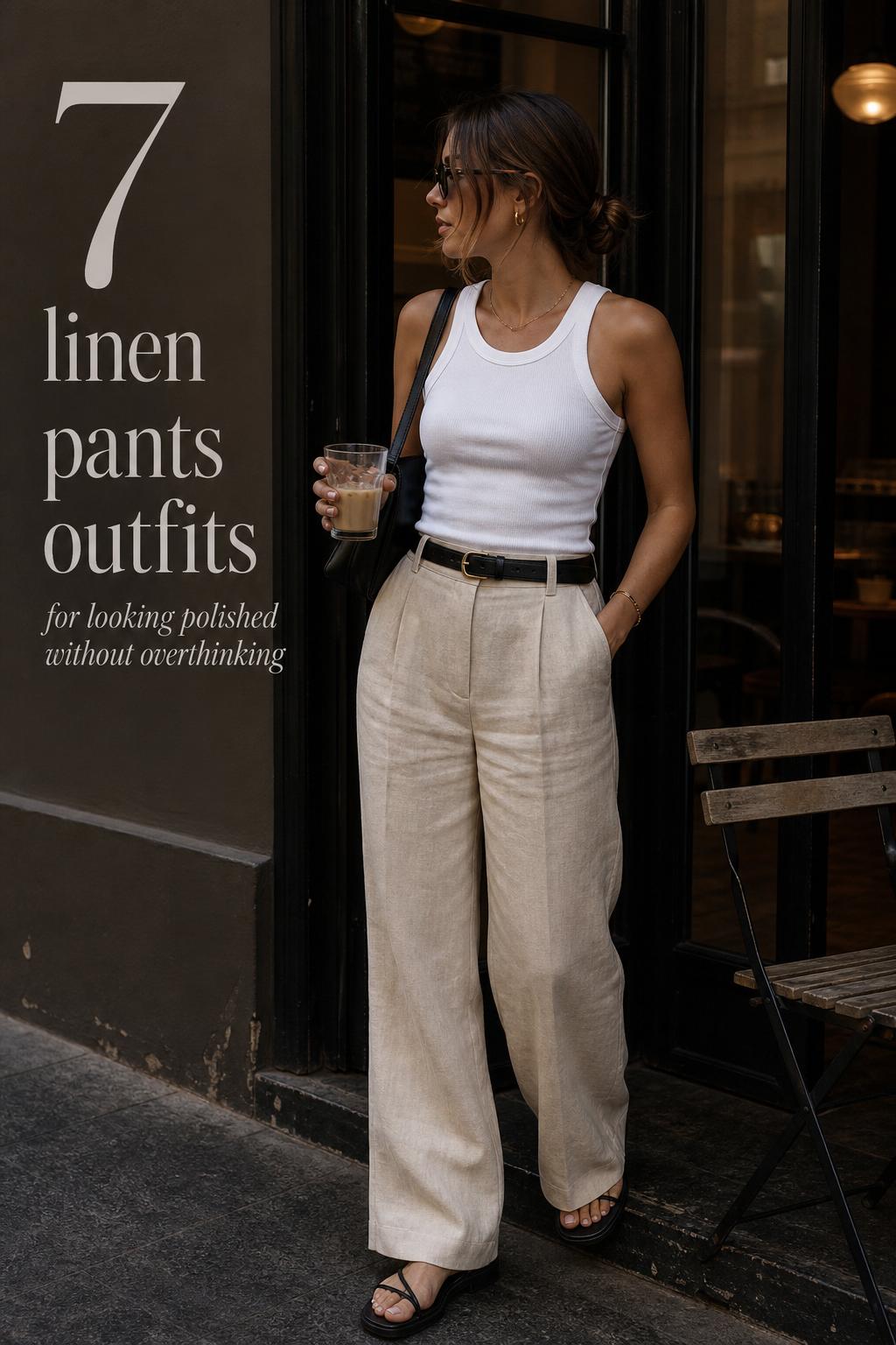 Woman in wide-leg linen trousers and tank top on a shaded café terrace, refined summer linen pants outfits styling