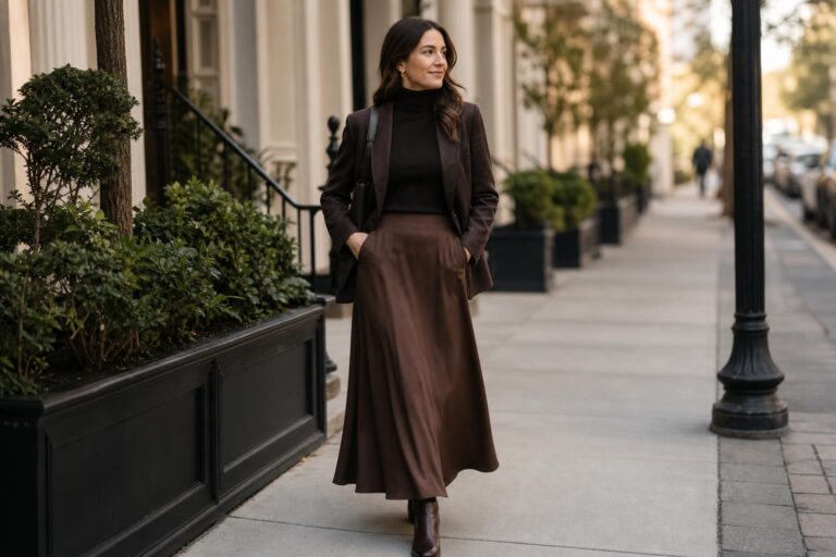 Long brown skirt outfit ideas with a cream knit sweater, ankle boots, and a leather bag in soft natural light