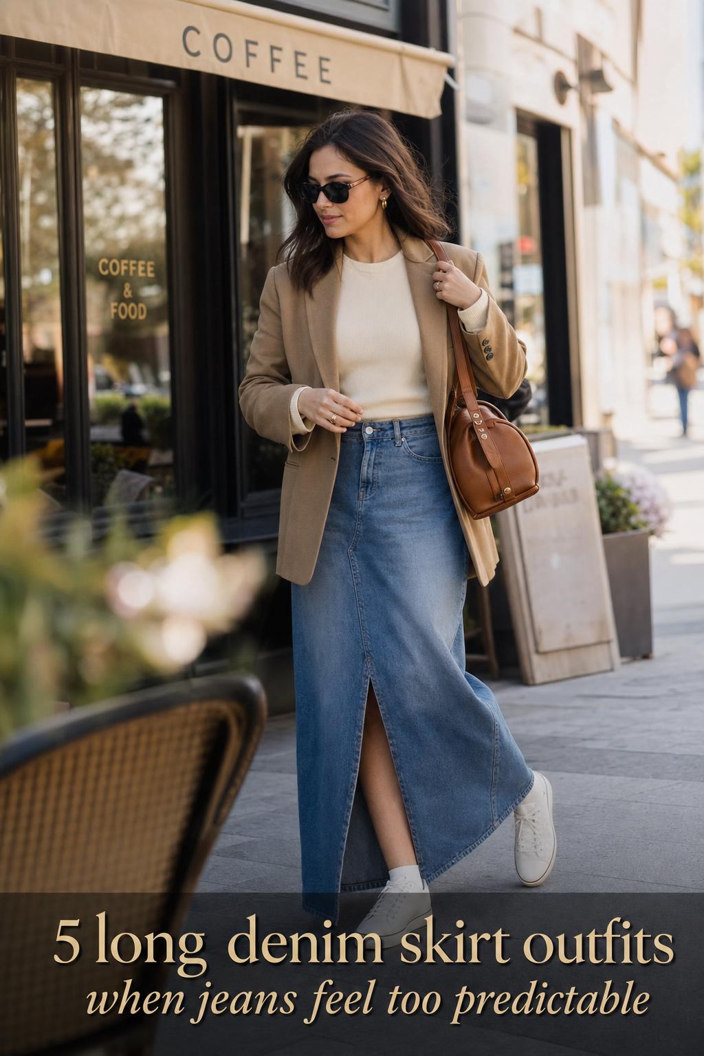 Adult woman walking by a coffee shop in long denim skirt outfits with cream knit top, camel blazer, and sneakers