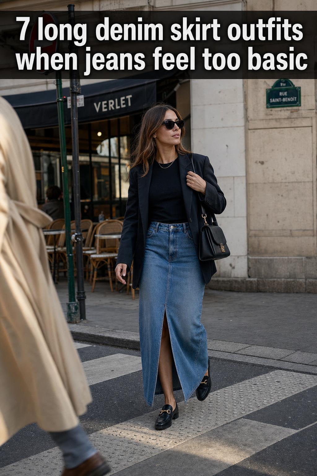 Long denim skirt outfits featuring a casual street style look with a blue denim maxi skirt and white top