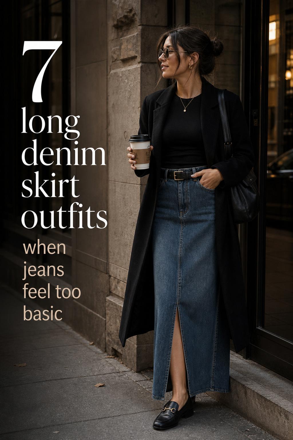 Long denim skirt outfits editorial photo of an adult woman in a maxi denim skirt and blazer on a moody city street.