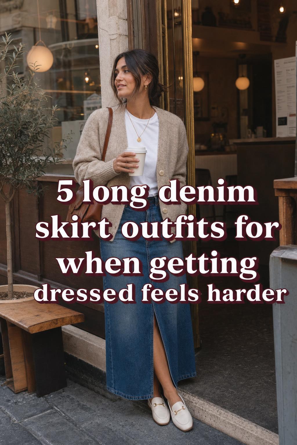 Woman wearing long denim skirt outfits with neutral top and loafers on a warm city sidewalk, with styling text overlay