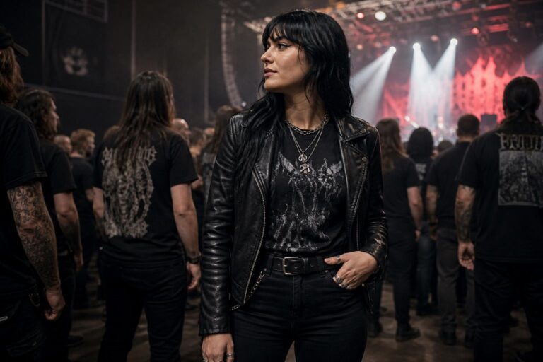 Metal concert outfit with black band tee, leather jacket, dark jeans, and combat boots in a dim venue