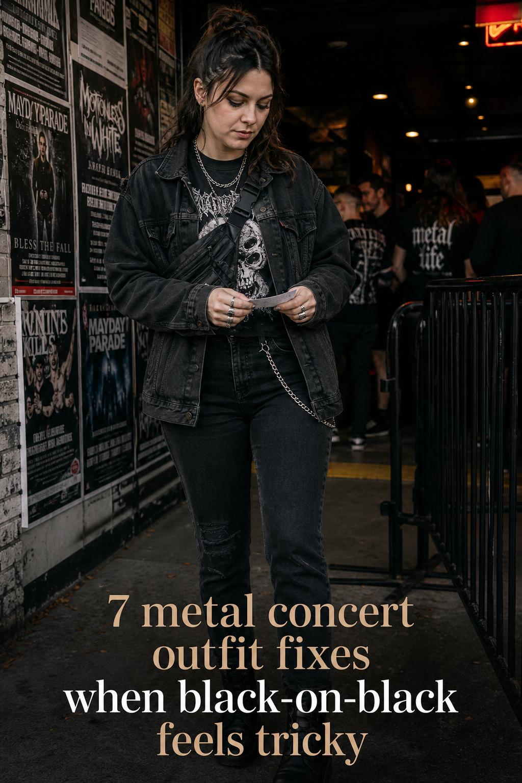 Metal concert outfit fixes in a candid pre-show street-style photo outside a club, black-on-black look with jacket and boots.