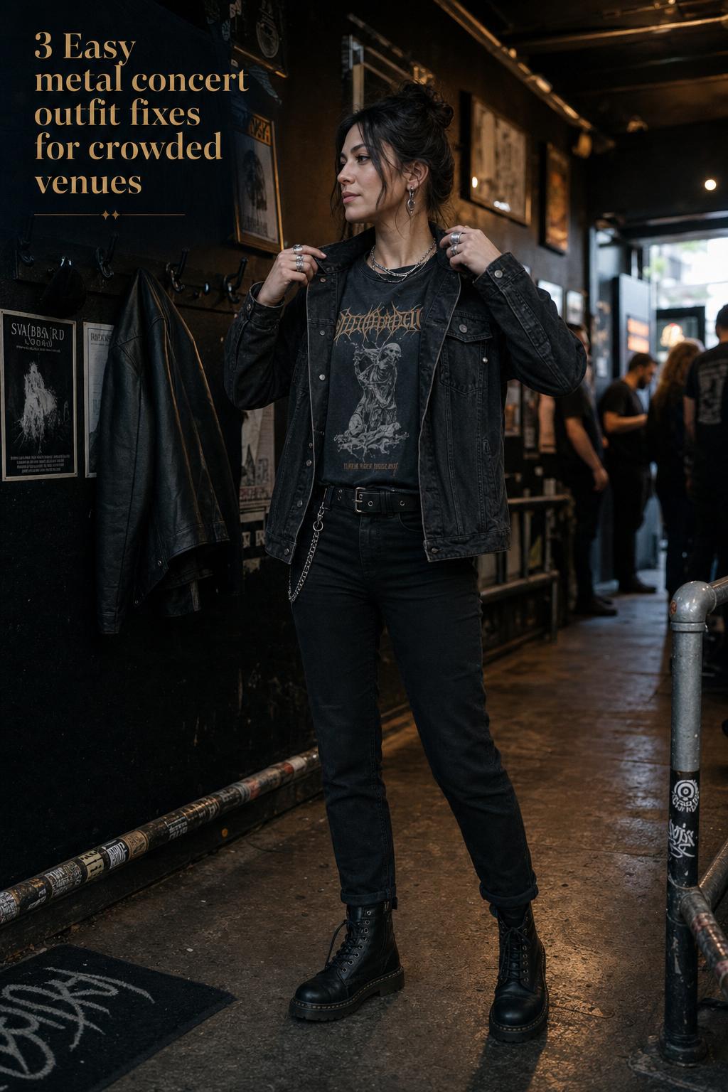 Metal concert outfit moment in a crowded club hallway, adjusting a worn black denim jacket over a faded band tee