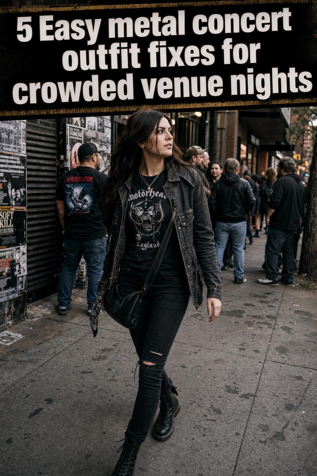 Metal concert outfit featuring a black leather jacket, band tee, ripped jeans, and combat boots in a backstage setting