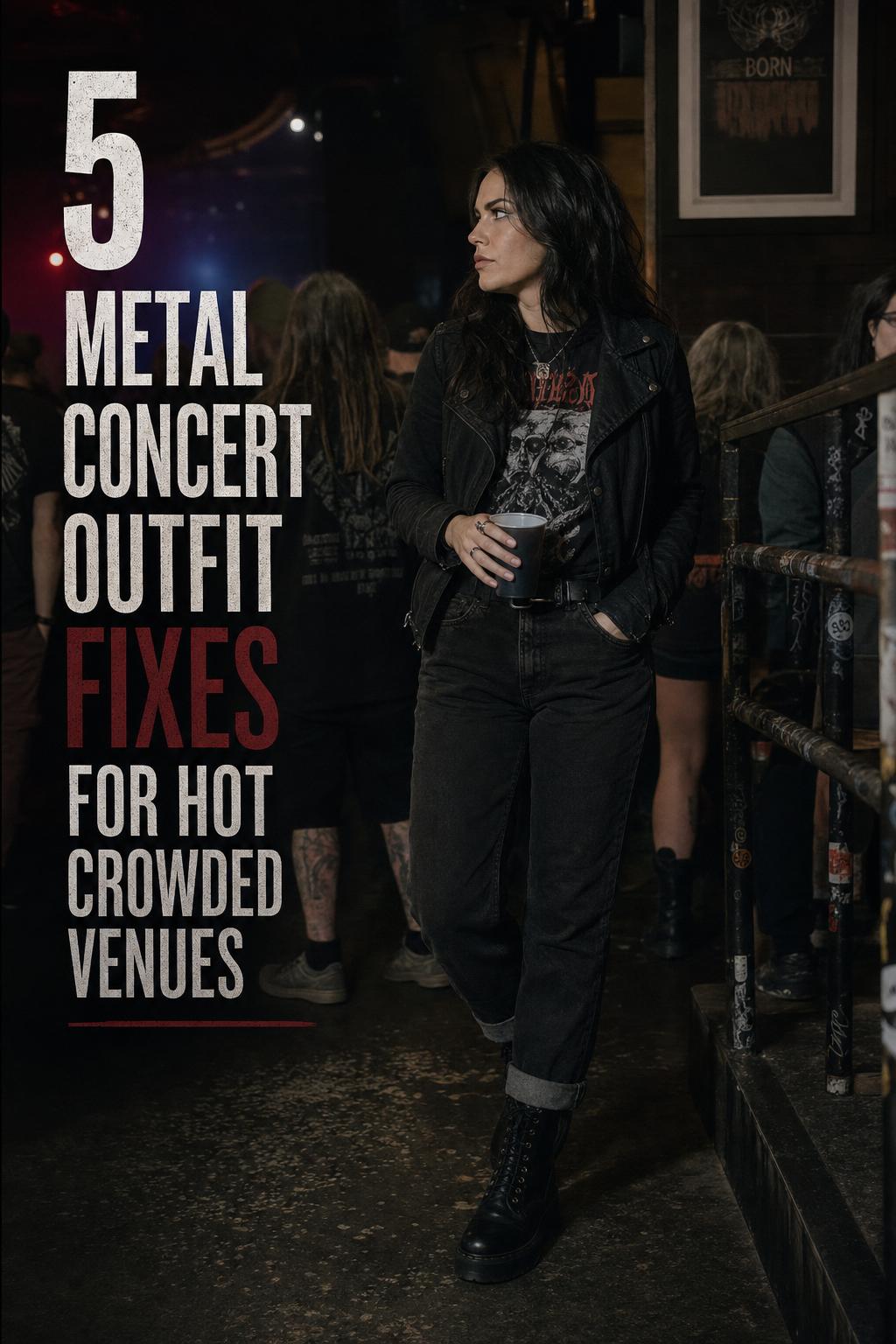 Adult in a practical metal concert outfit in a low-light crowded music venue, wearing black band tee, jeans, jacket, boots