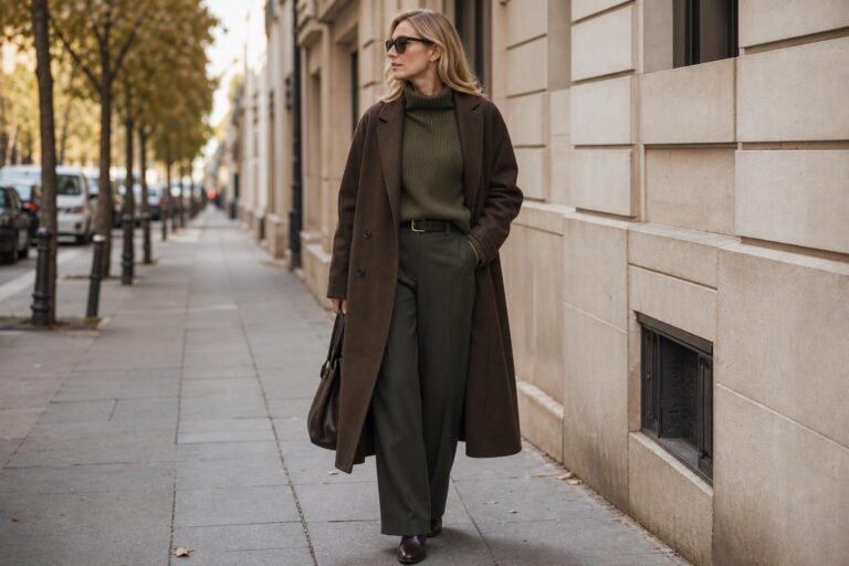 Deep autumn outfits in warm brown and olive layers with structured coat, straight trousers, and leather boots for city wear