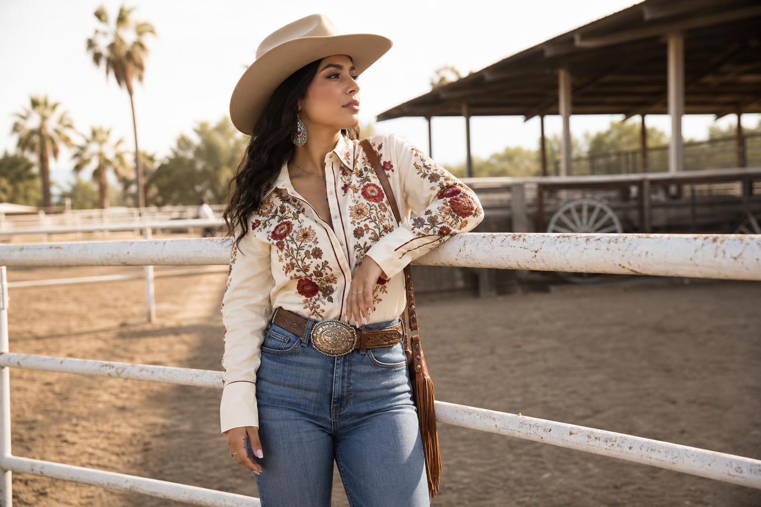 Latina cowgirl outfits with embroidered blouse, denim jeans, wide-brim hat and leather boots in modern vaquera style