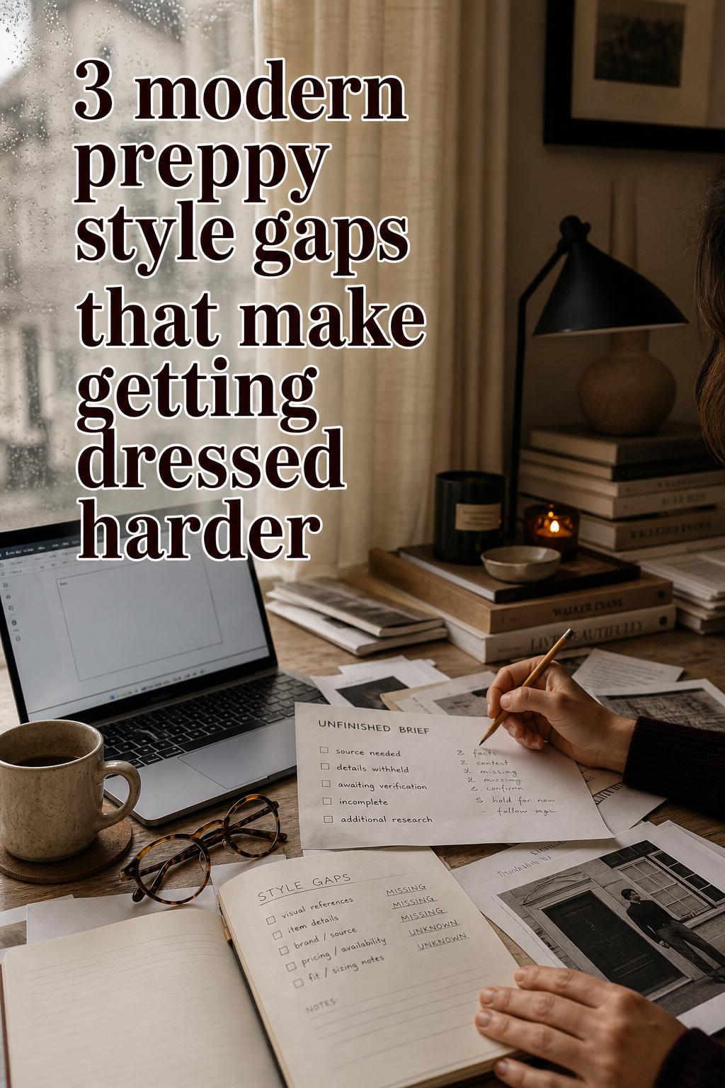 modern preppy style research desk with hands drafting an unfinished brief beside a laptop, warm editorial home office light
