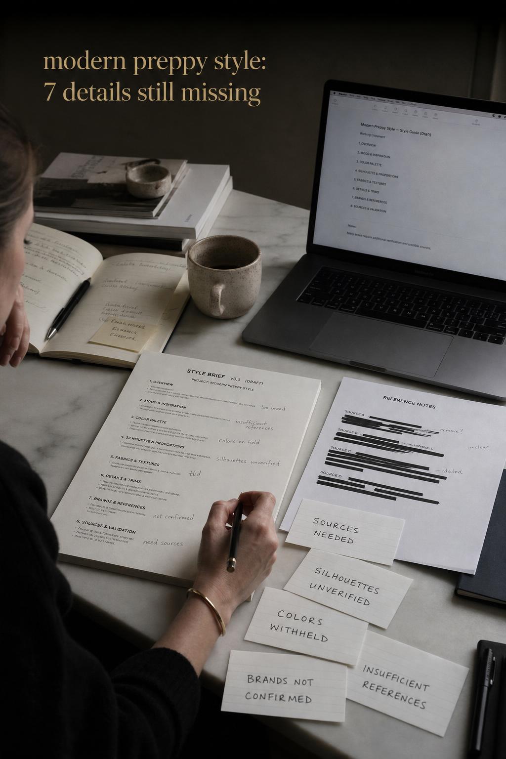Modern preppy style research desk with unfinished brief, redacted notes, blank pages, and index cards marked sources needed