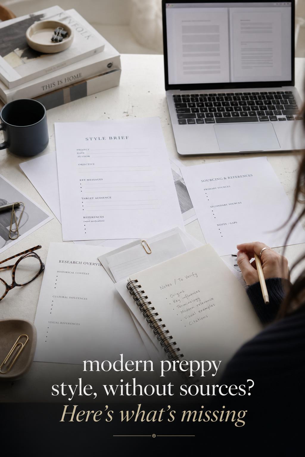 Modern preppy style research desk with blank pages, redacted notes, and empty citations on laptop in soft daylight