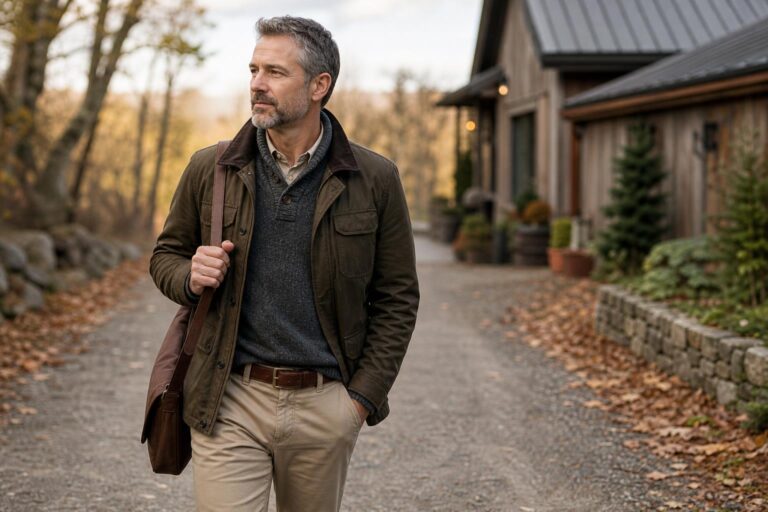 Modern rustic fashion outfit with textured knit sweater, denim, and leather boots on a cool morning