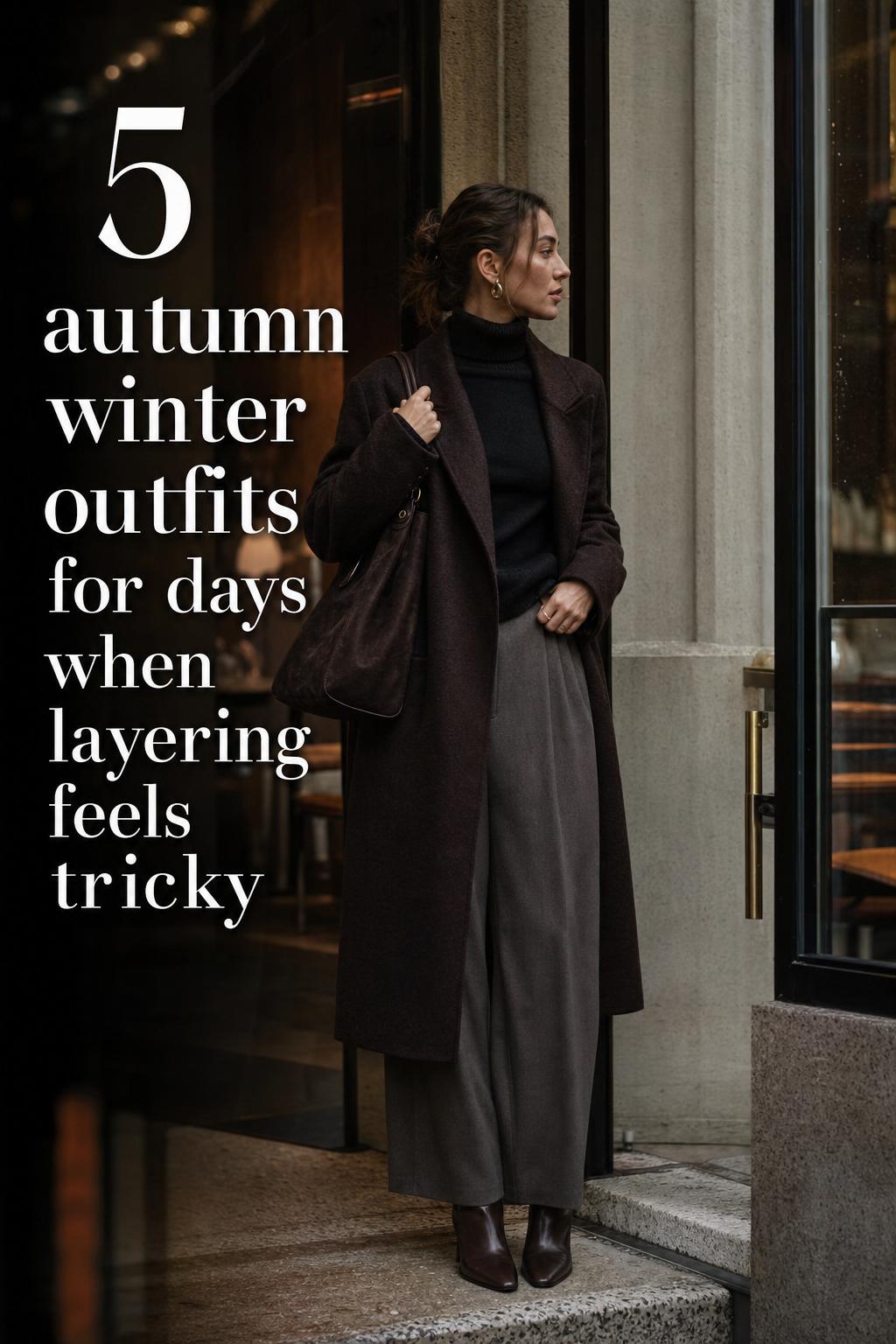 Woman in wool coat and knit by a rain-damp café window wearing practical autumn winter outfits in a moody city scene