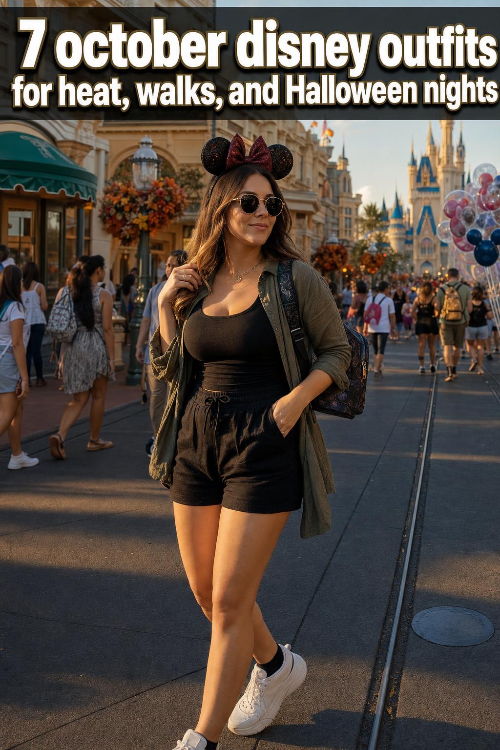 October Disney outfits with cozy fall layers and Mickey-inspired accessories in the park