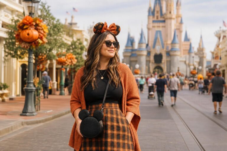 October Disney outfits with light layers, Mickey ears, and comfy sneakers for a full day at Walt Disney World