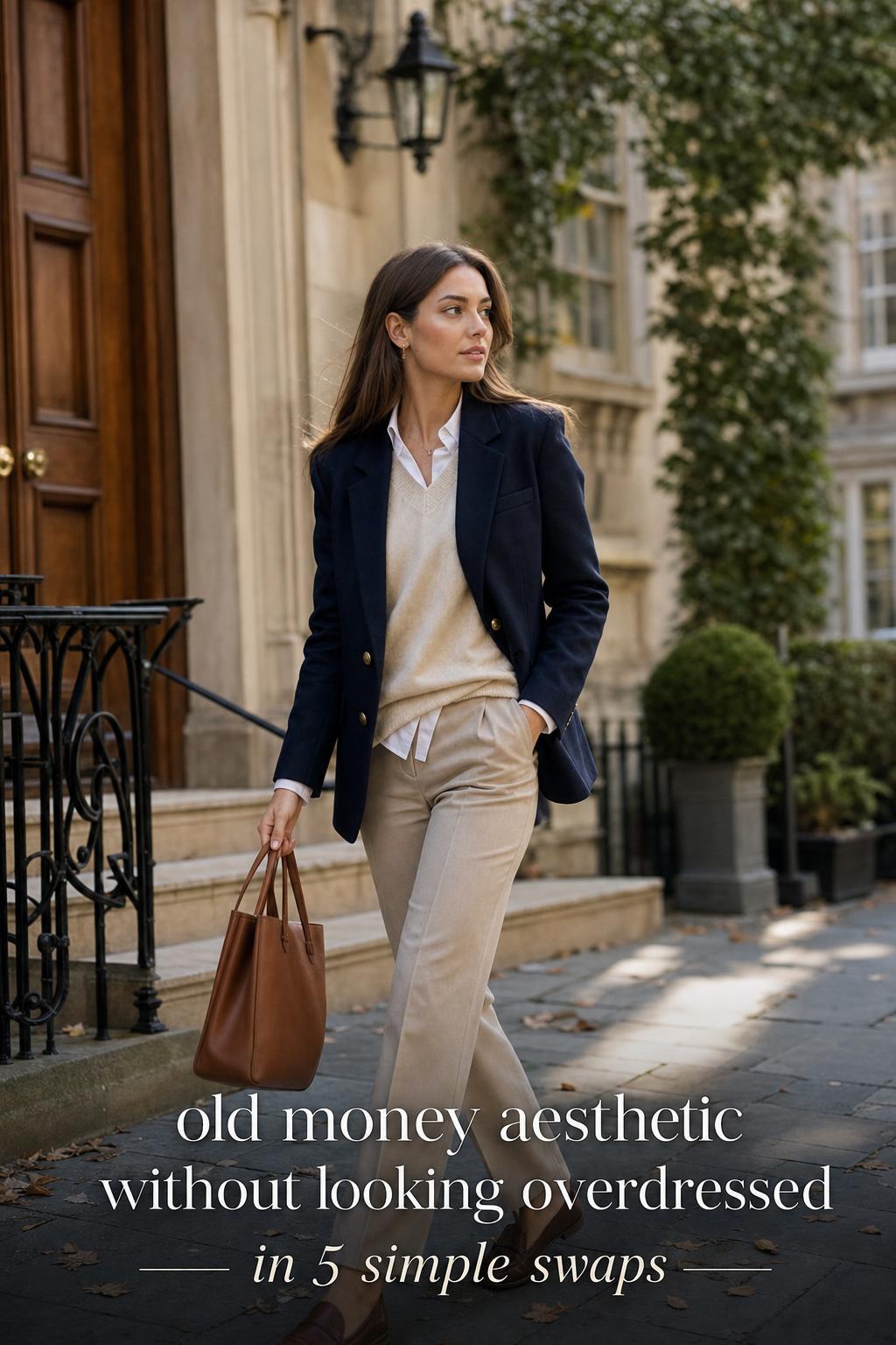 Old money aesthetic fashion look: woman in navy blazer and cream knit walking through an Ivy League courtyard in soft sunlight