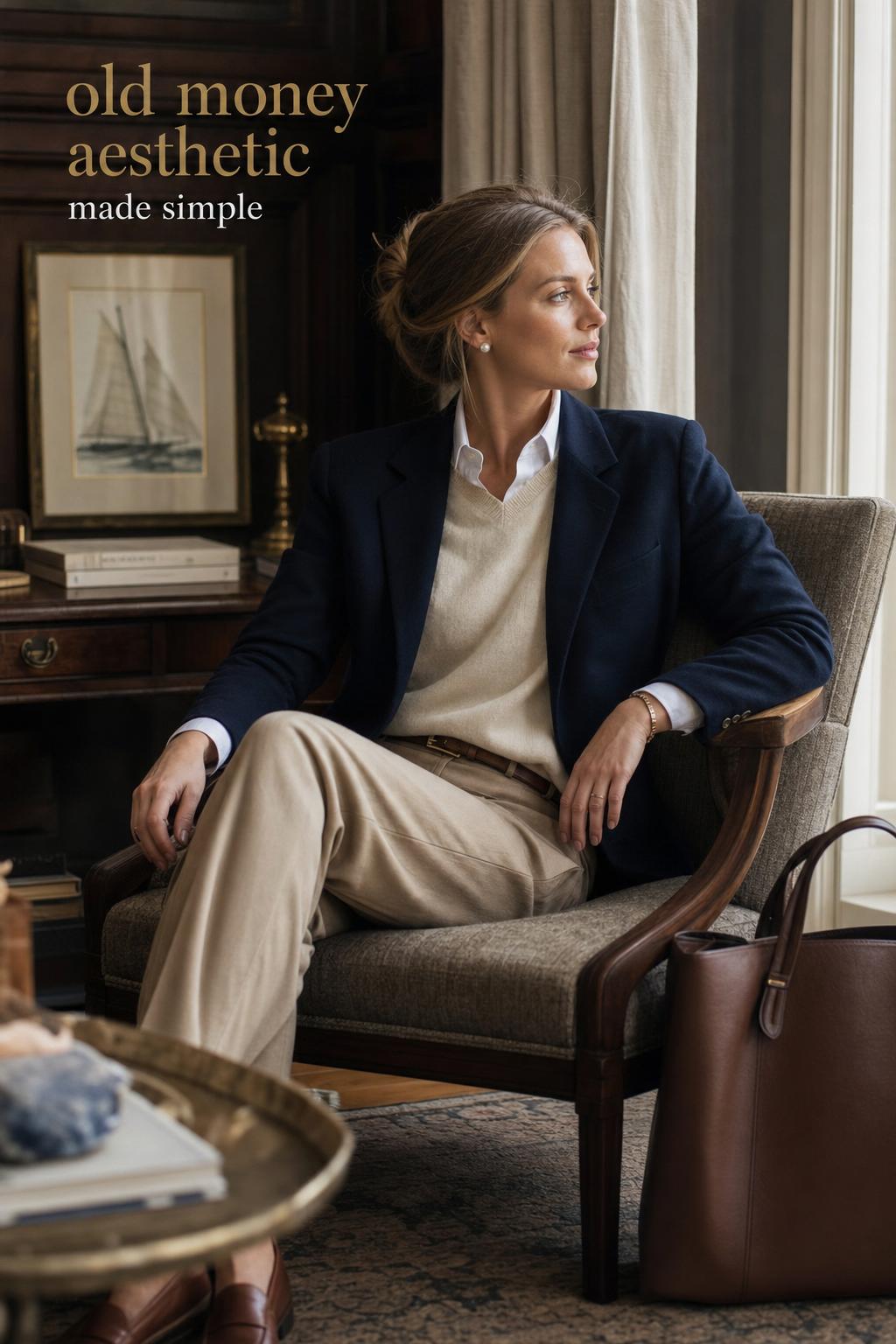 Old money aesthetic fashion photo of a woman in a navy blazer by a window in a refined East Coast prep interior