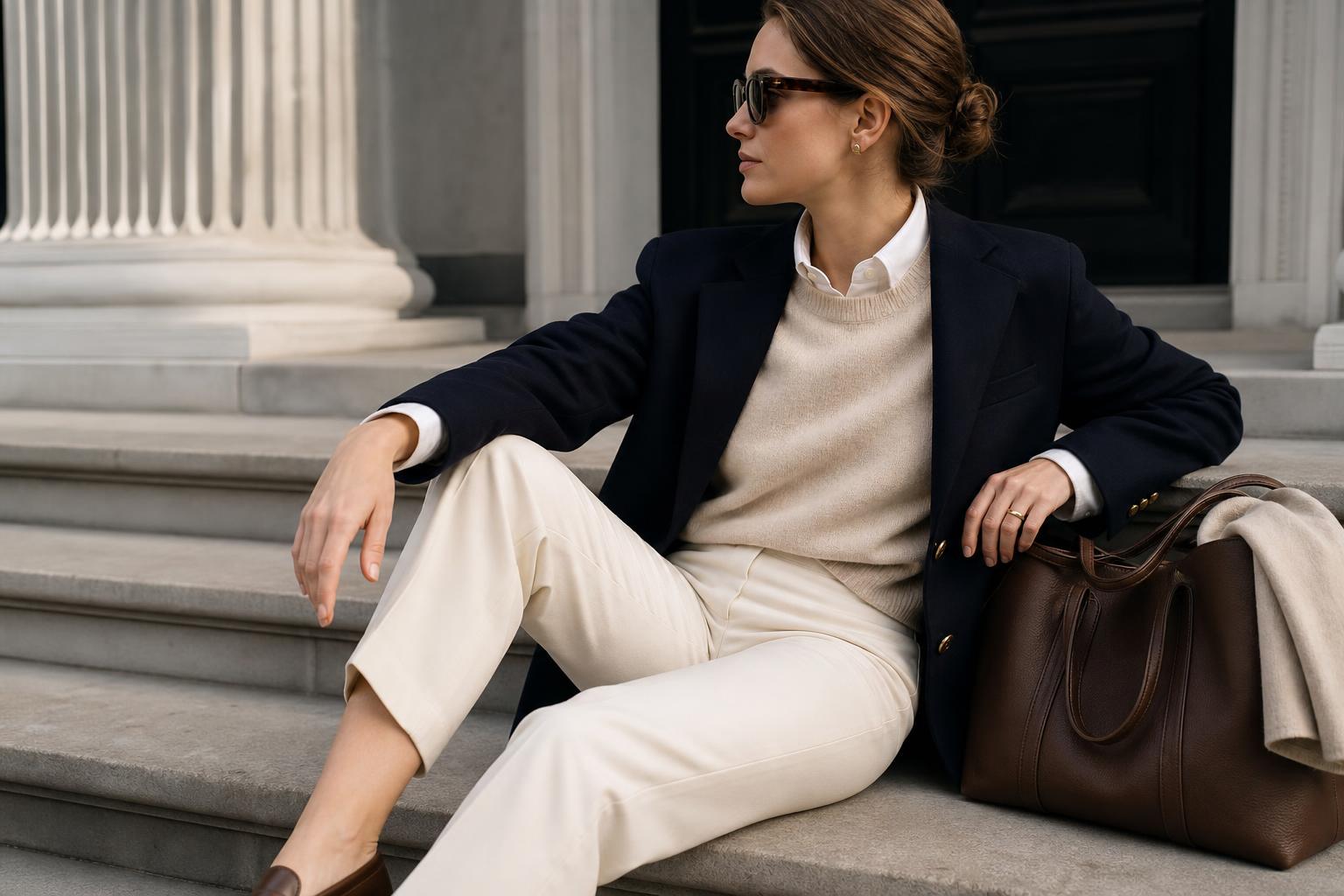 Old money aesthetic outfit with navy blazer, cream trousers, white Oxford shirt, and loafers in a classic setting