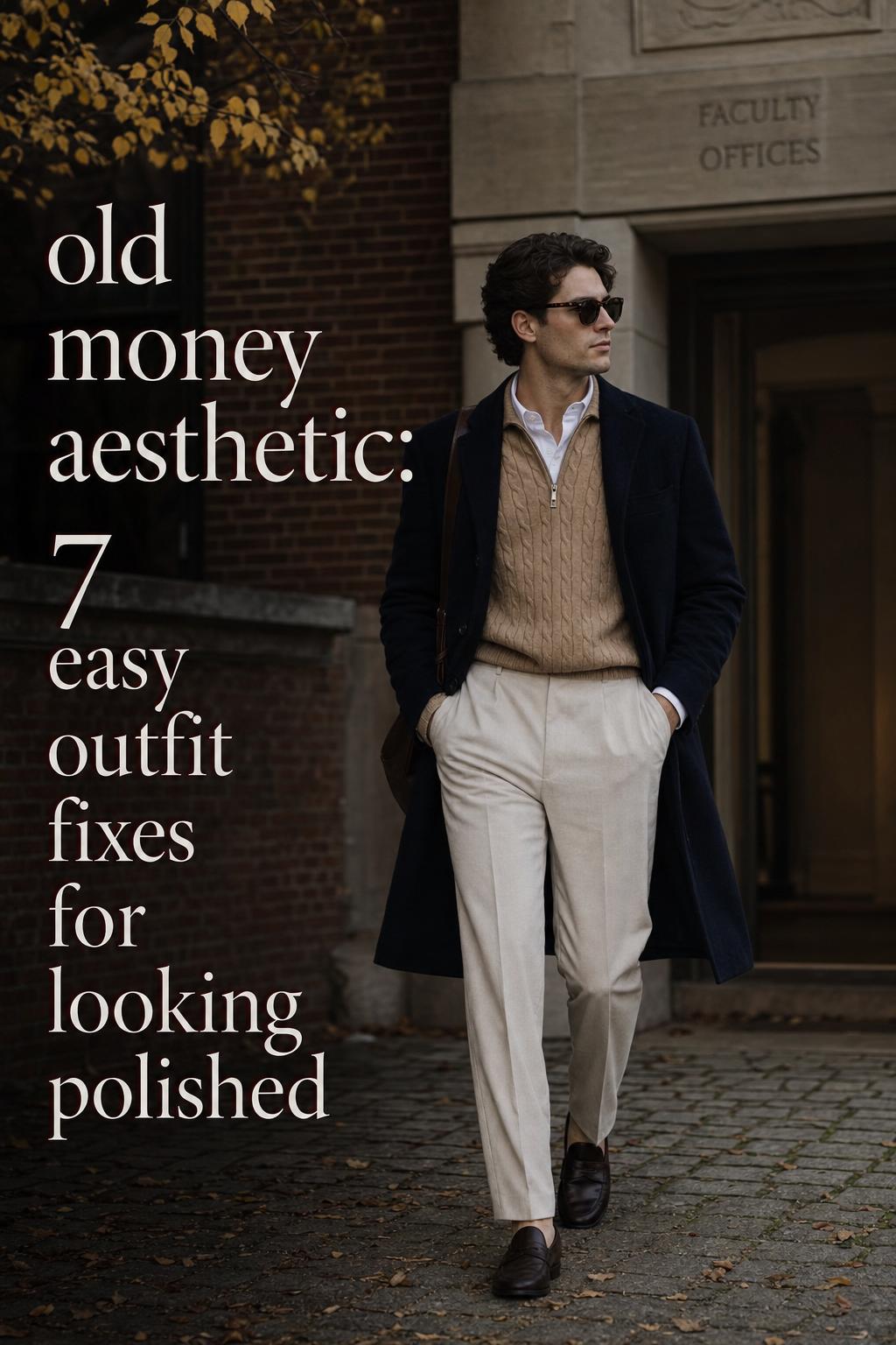 Old money aesthetic fashion photo of a preppy subject in a navy blazer and loafers on an Ivy League walkway with text space