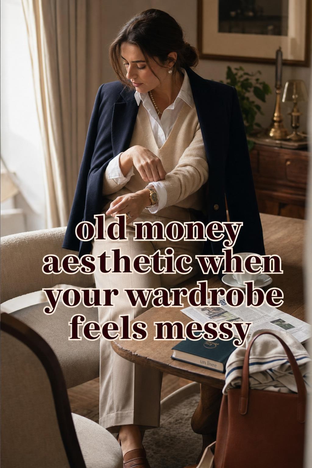 Old money aesthetic morning outfit moment in a cozy townhouse, woman adjusting navy blazer by a wooden dining table