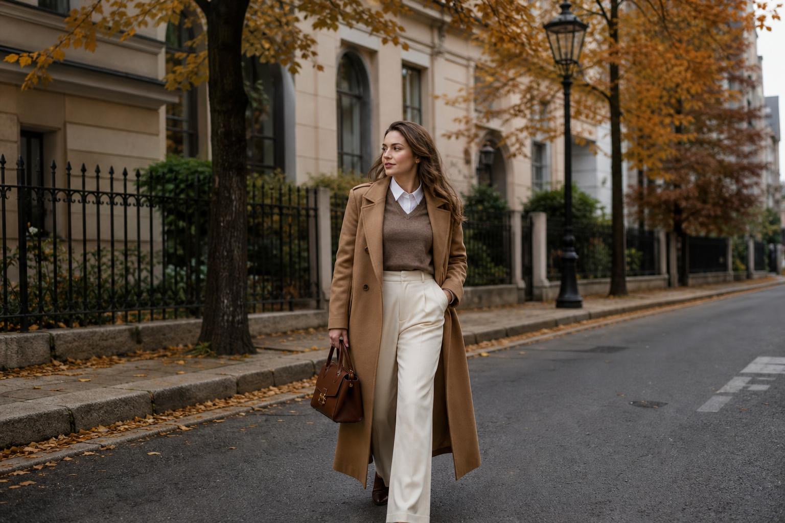Old money autumn outfits with a camel coat, cream cashmere sweater, wool trousers, loafers, and silk scarf in fall light