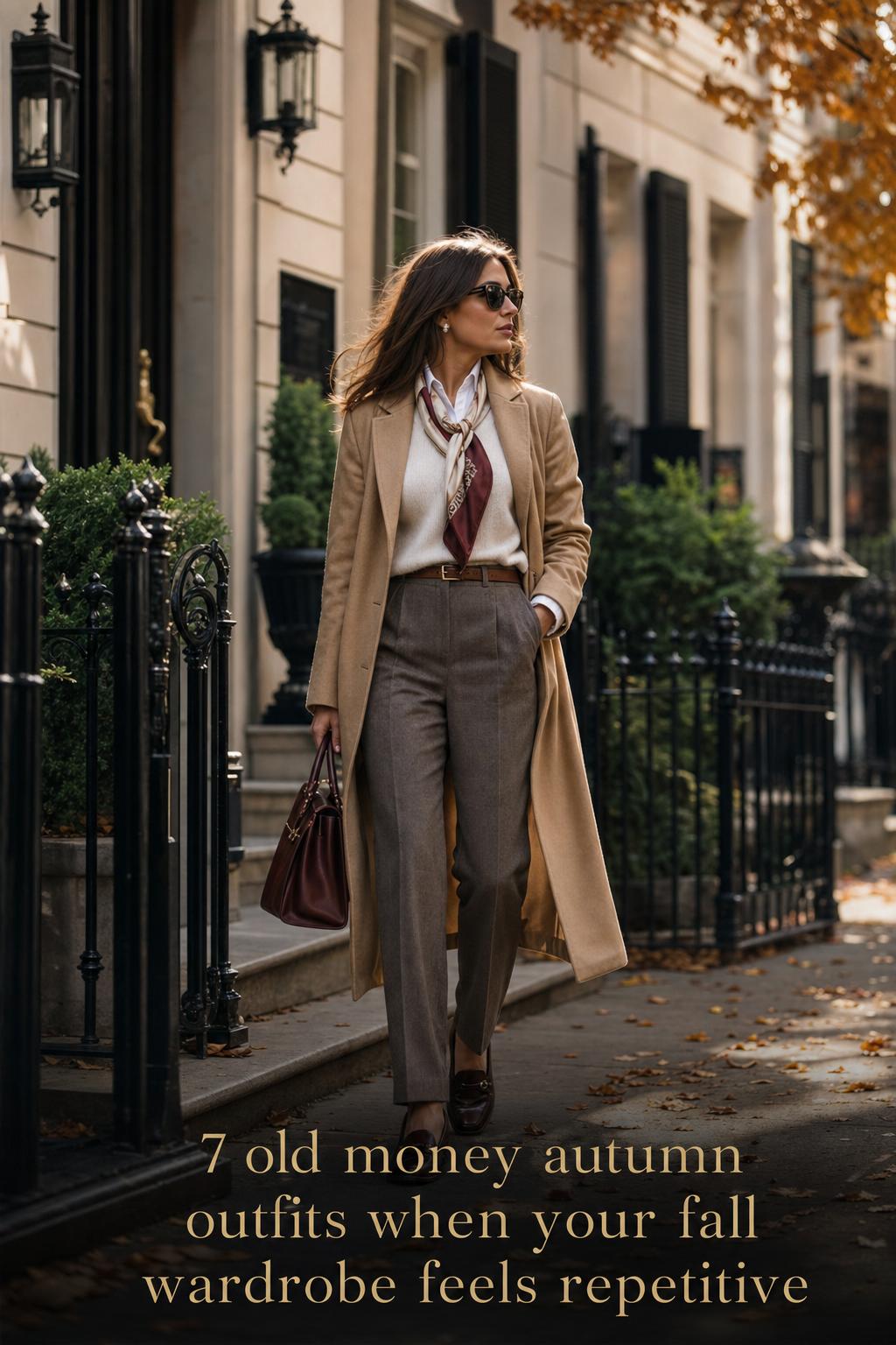 Old money autumn outfits street style: woman in camel coat and silk scarf walking by a heritage townhouse on a crisp fall day