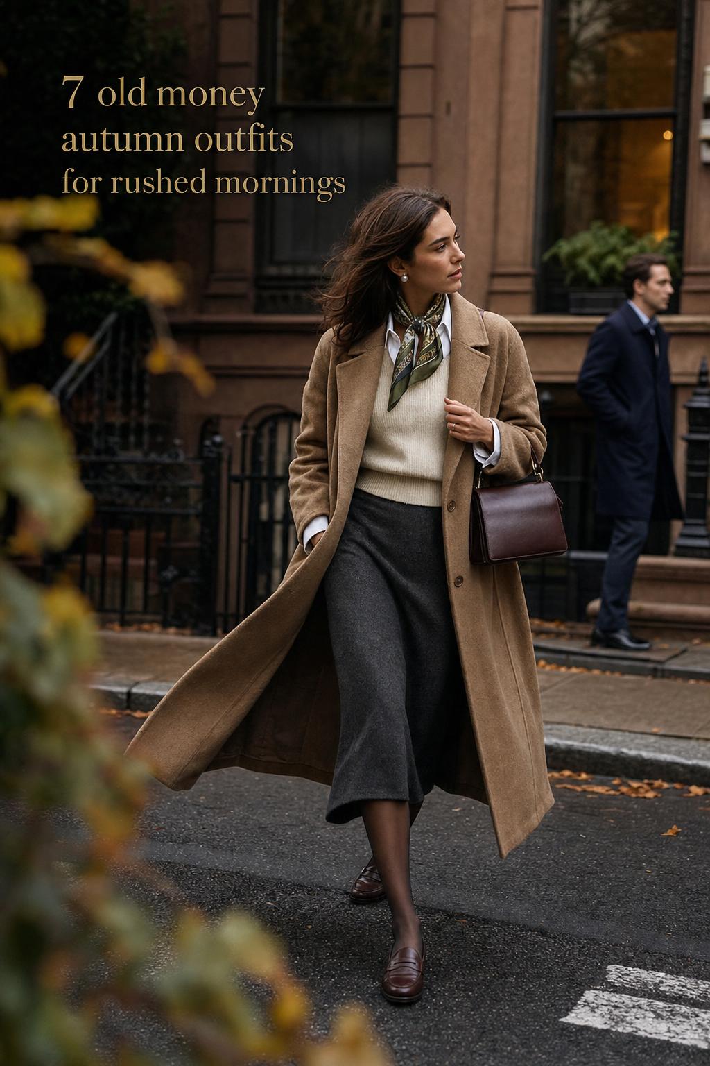 Old money autumn outfits street style: woman in camel coat and midi skirt outside stone townhouse on a cloudy morning