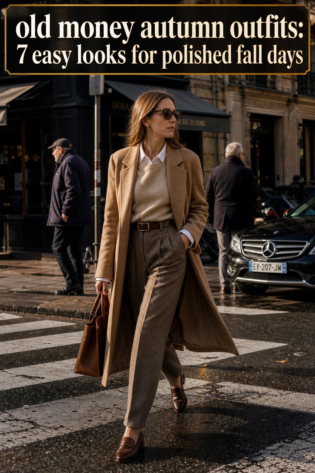 Old money autumn outfits laid out in a timeless neutral palette with cashmere, tweed, and leather accessories.