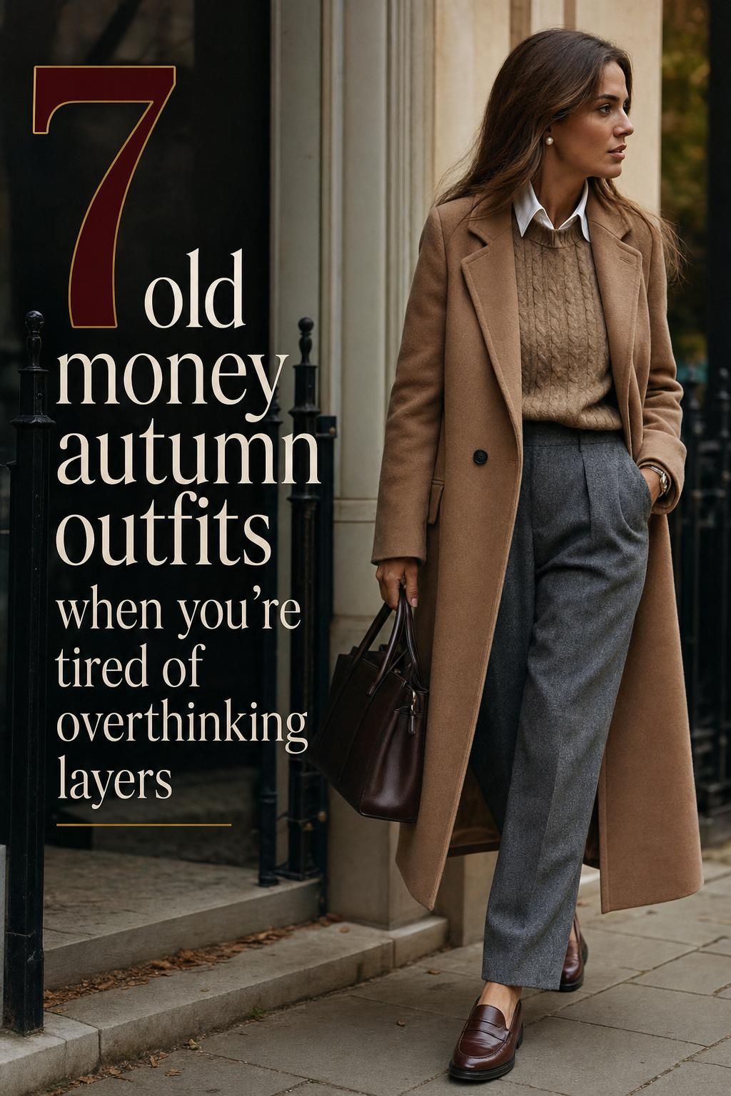 Old money autumn outfits on a stylish woman in a camel coat and cashmere knit on a refined European street