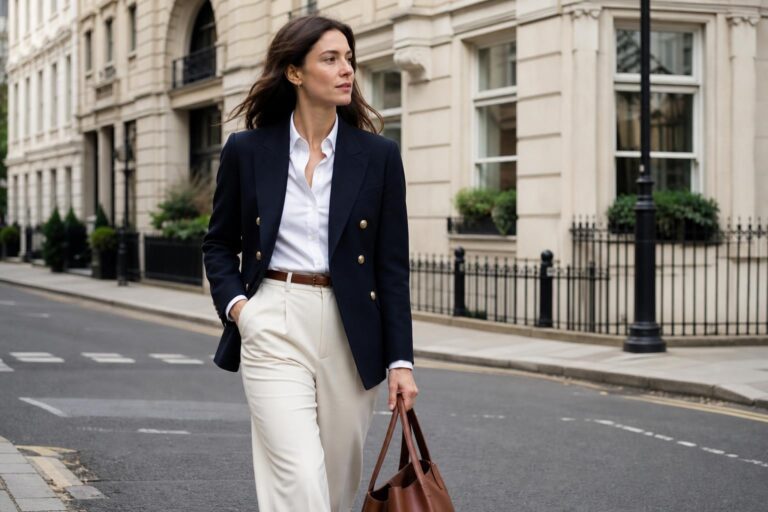 Old money capsule wardrobe essentials with navy blazer, trench coat, cashmere knit, tailored trousers, and loafers in a city setting