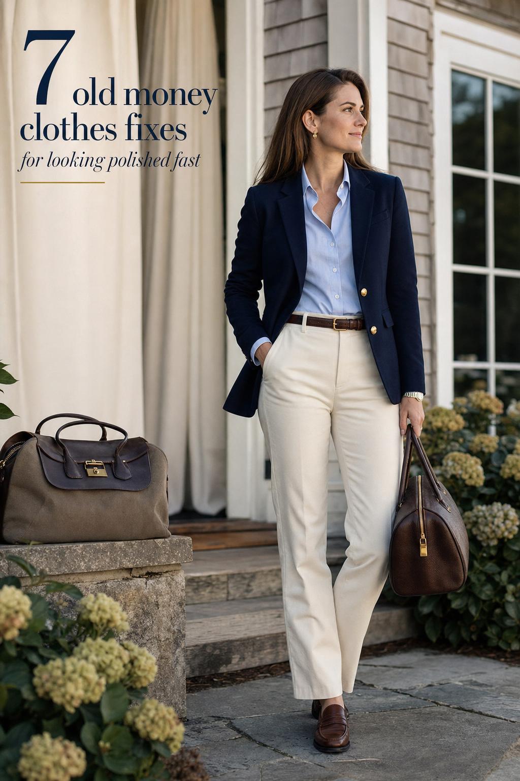 Woman in old money clothes by a coastal shingle home veranda, wearing navy blazer and cream trousers in soft natural light