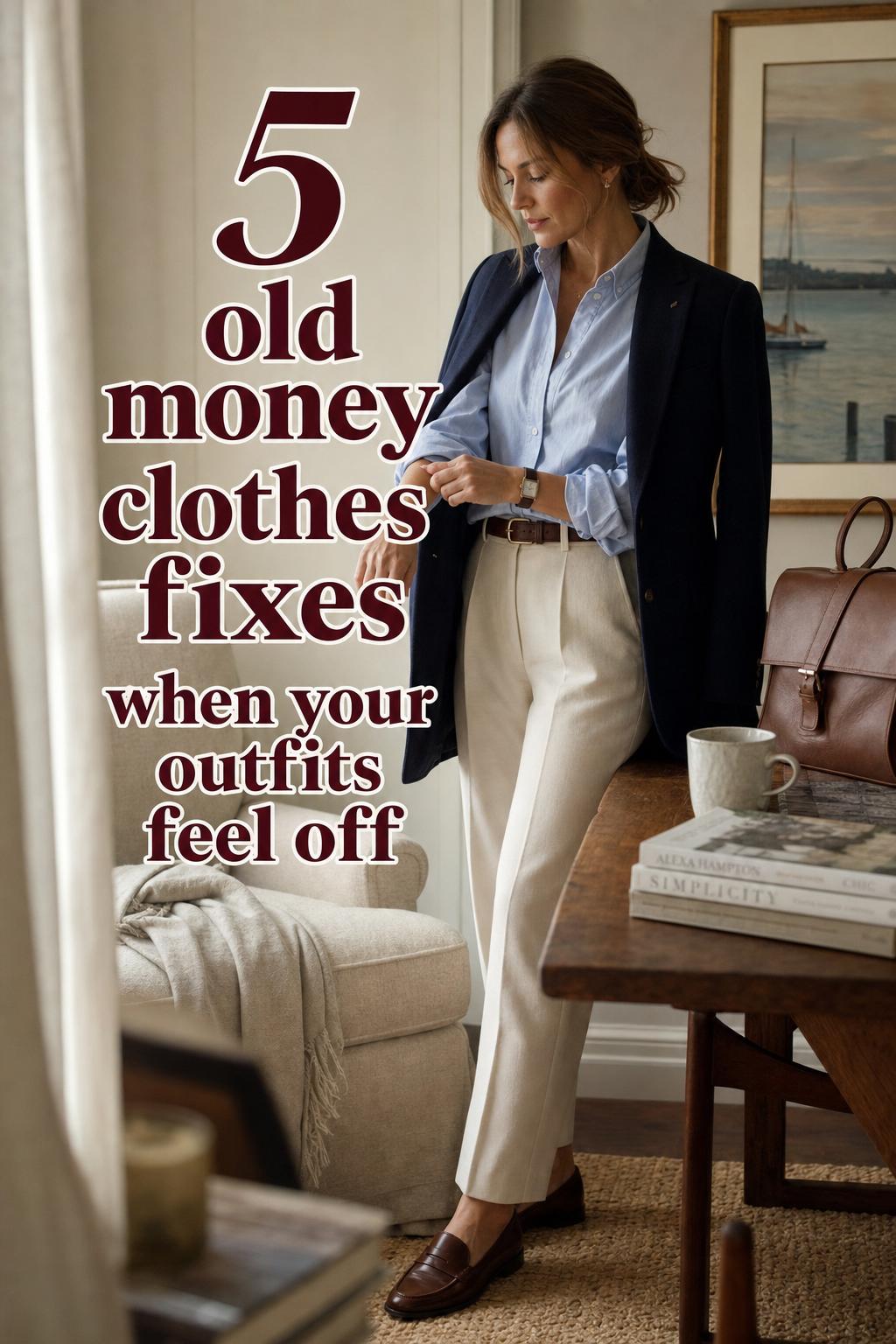 Old money clothes style: woman adjusting navy blazer in a cozy East Coast interior with Oxford shirt, cream trousers and loafers