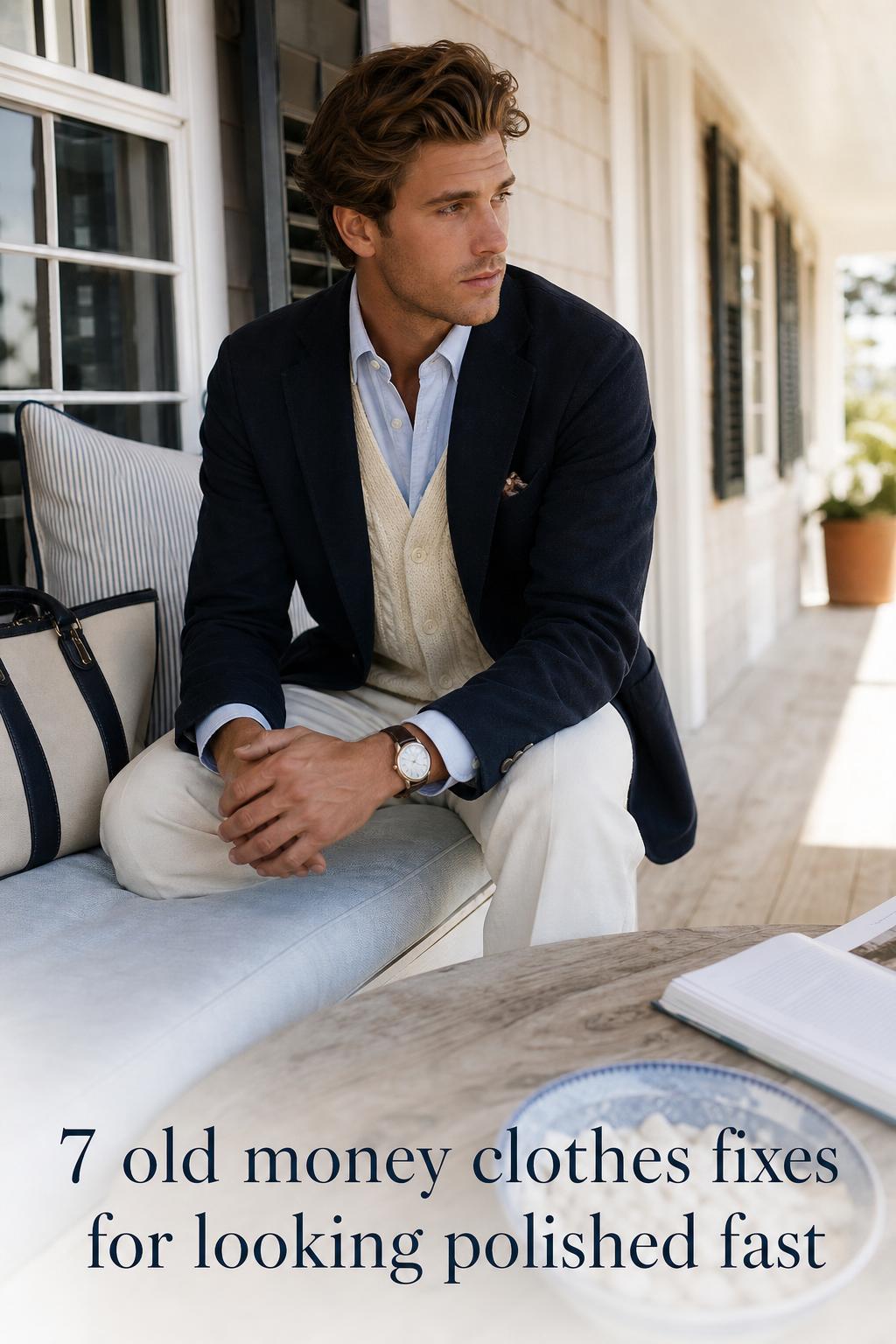 Old money clothes outfit on a sunlit Hamptons porch—navy blazer, Oxford shirt, cream trousers, loafers, leather bag