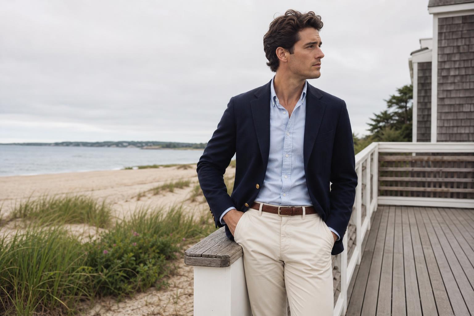 Old money clothes outfit with a navy blazer, cream knit, Oxford shirt, chinos, and brown loafers in natural light