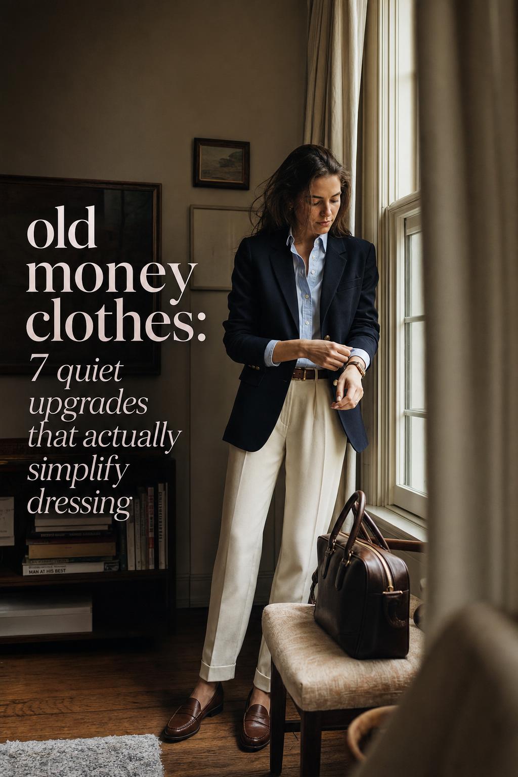 Old money clothes wardrobe moment: woman adjusts navy blazer by a window in a coastal heritage townhouse morning light