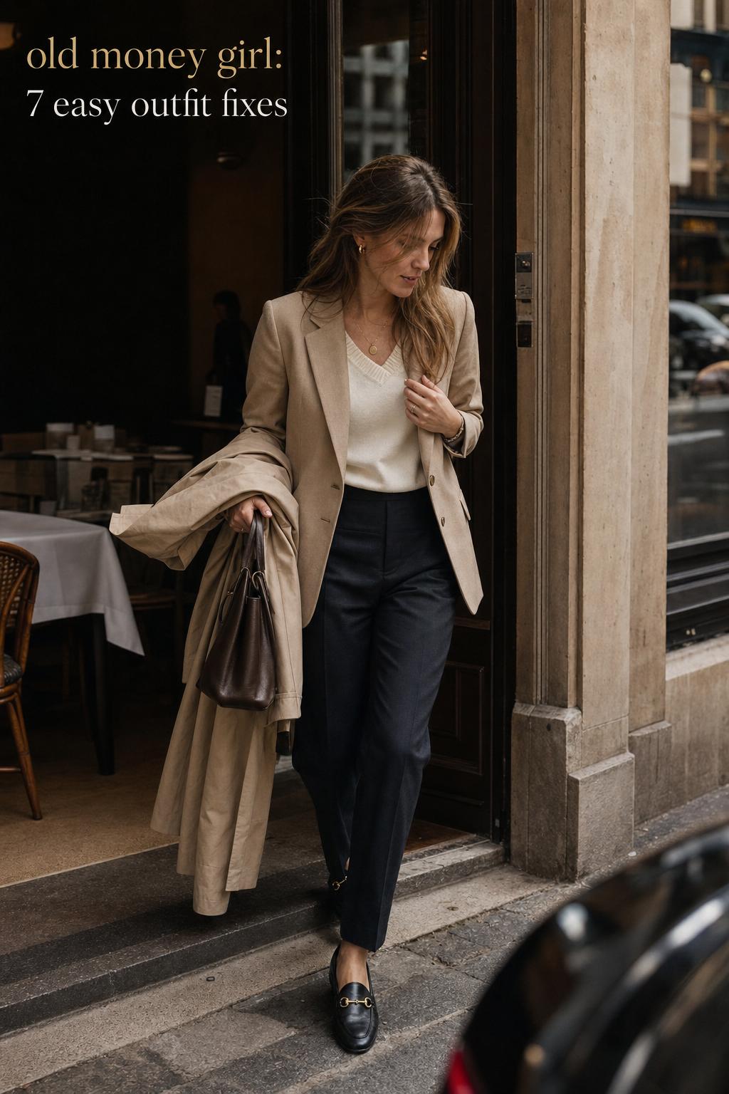 Old money girl outfit fixes: woman in cream blazer and tailored trousers stepping out of a city cafe in quiet luxury style