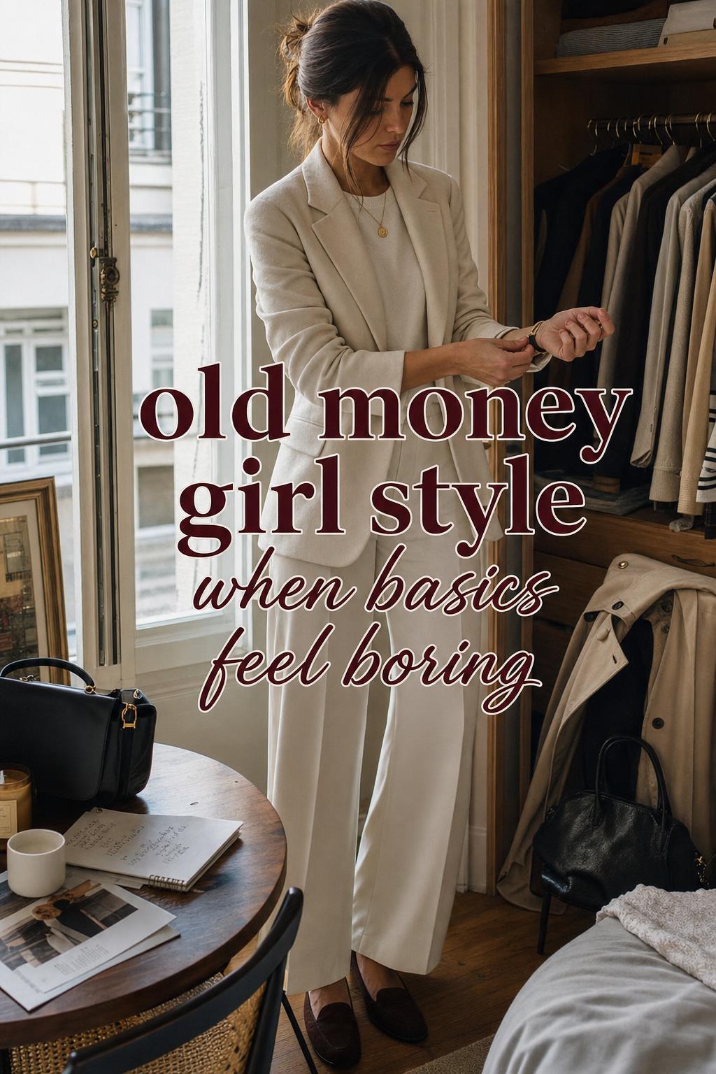 Old money girl adjusting cream blazer cuff by a window in a cozy city apartment, quiet luxury outfit and warm light