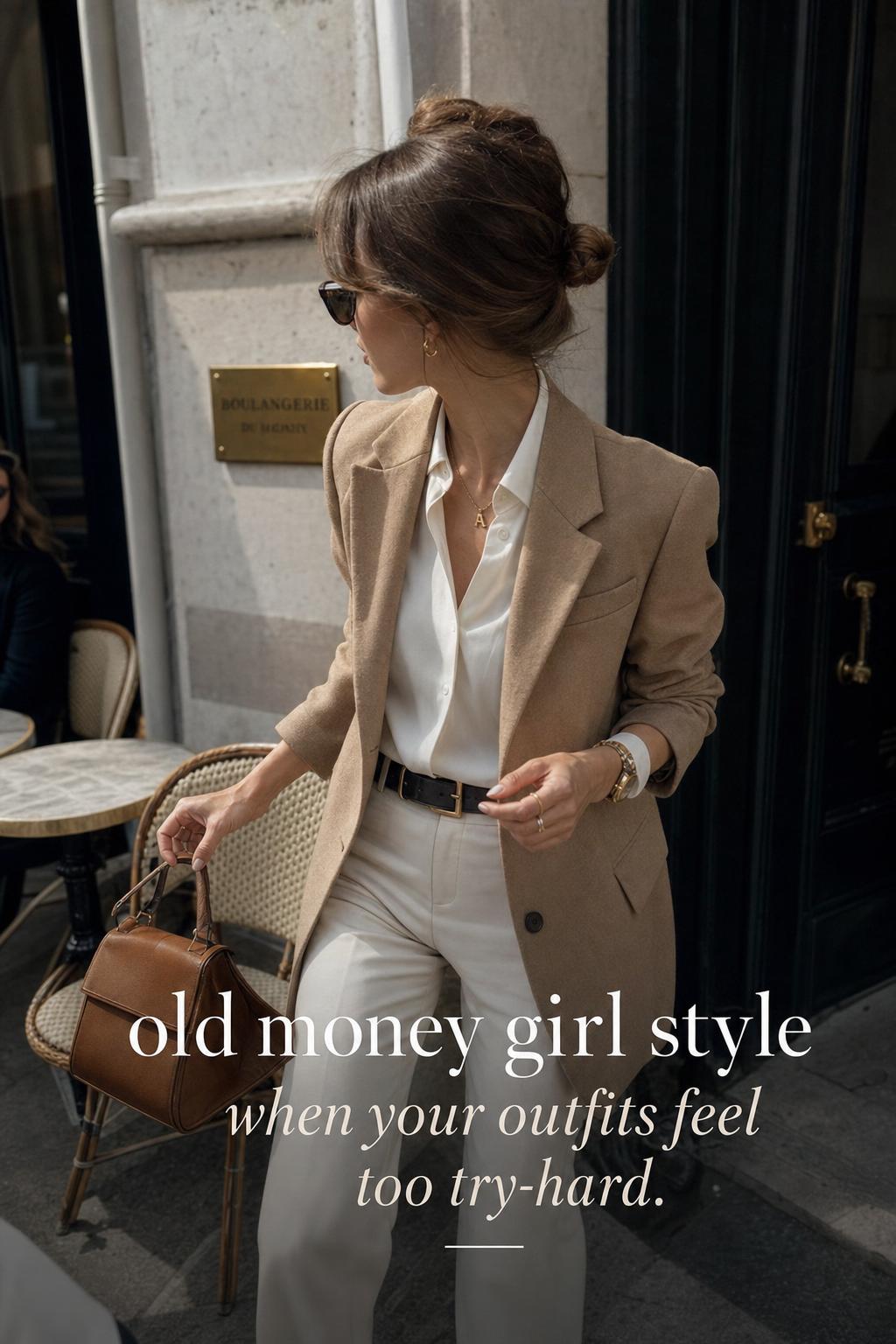 Old money girl in camel blazer and ivory blouse walking by a sunlit city townhouse entrance with a structured leather bag