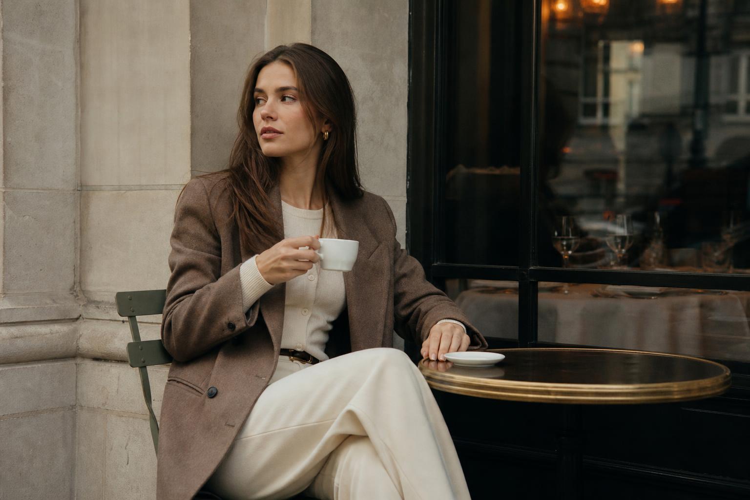 Old money girl in a beige trench coat and loafers walking a city street with a refined, quiet luxury look