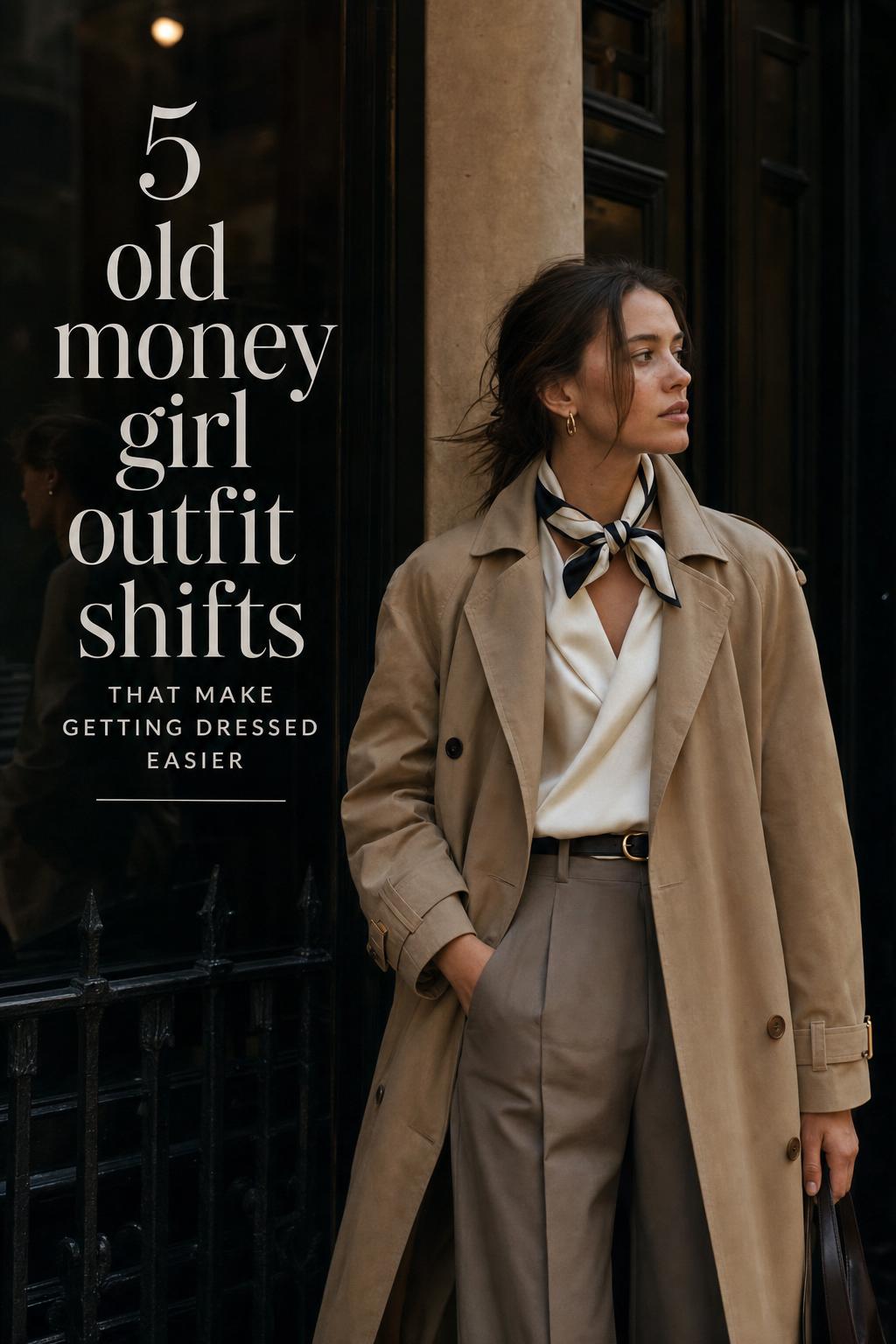Old money girl in camel trench by rainy city cafe window, moody editorial street style with elegant text overlay