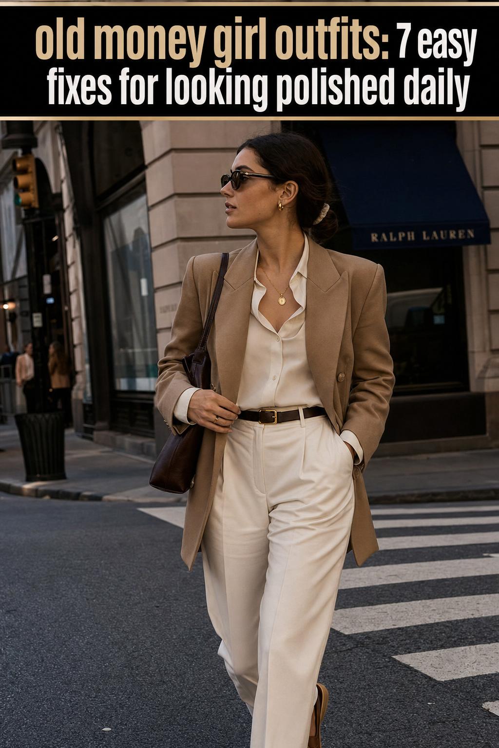 Old money girl in timeless tailored outfit, elegant portrait in soft natural light