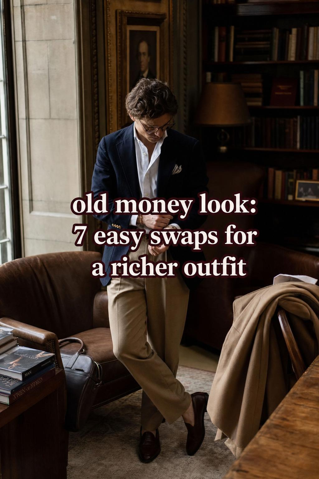 Old money look outfit in a warm library reading room, subject in navy blazer and beige trousers adjusting cuff by window light.
