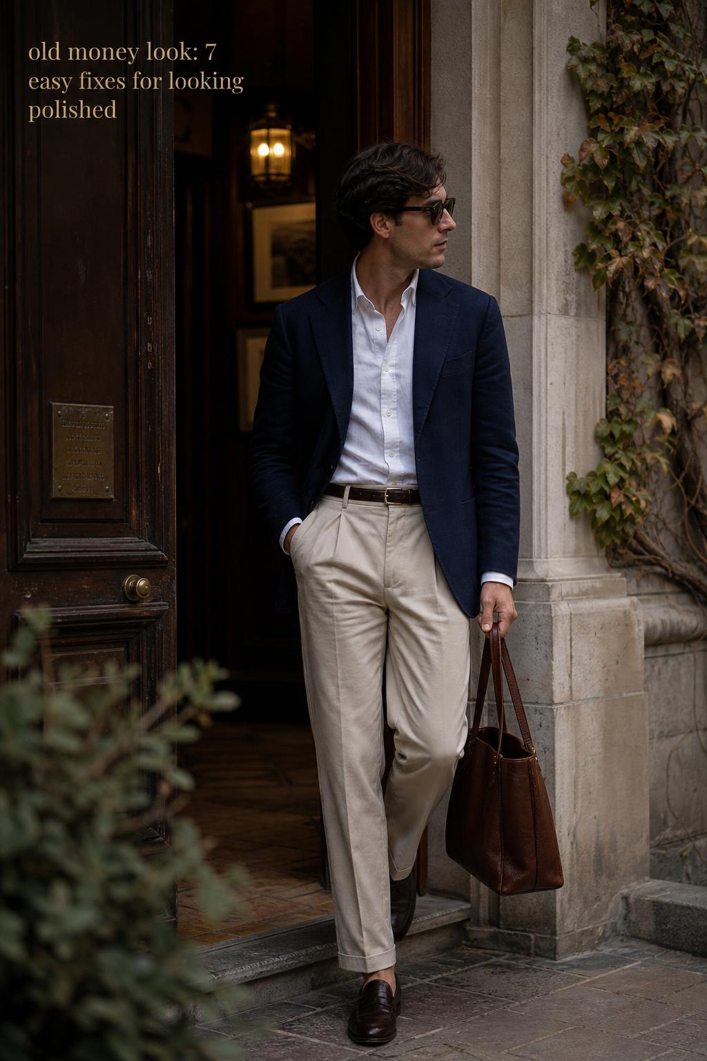 Old money look in navy blazer and cream knit on ivy-covered campus walkway, understated luxury editorial portrait