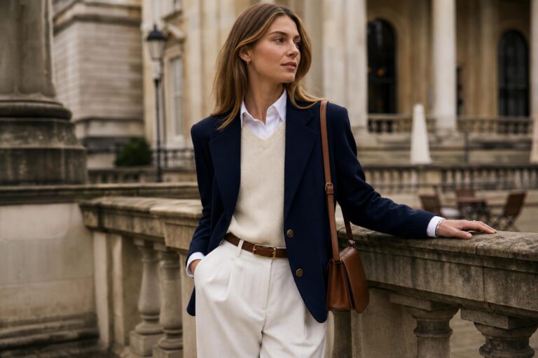 Old money look outfit with navy blazer, white shirt, beige chinos, and leather loafers in classic heritage style