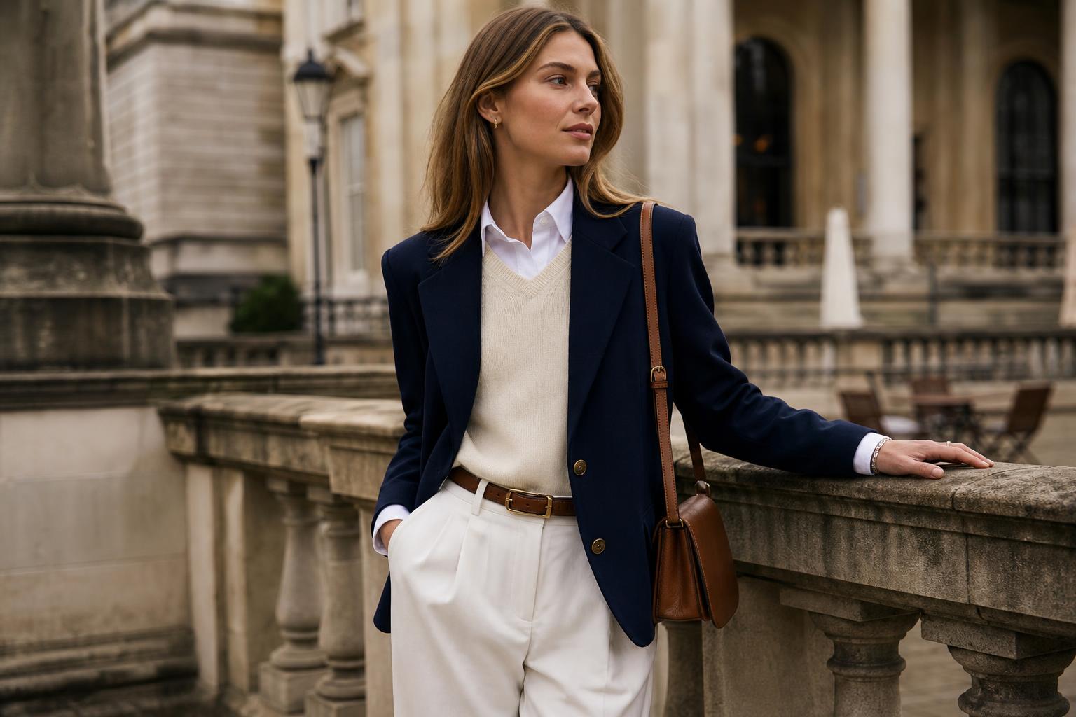 Old money look outfit with navy blazer, white shirt, beige chinos, and leather loafers in classic heritage style