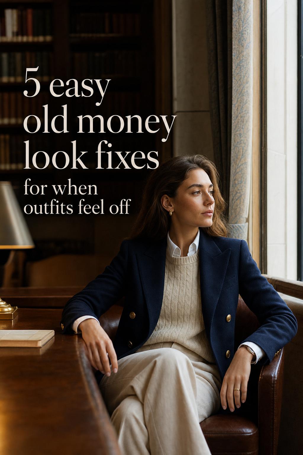 Old money look outfit fixes text overlay on luxury editorial photo in an ivy league library corridor