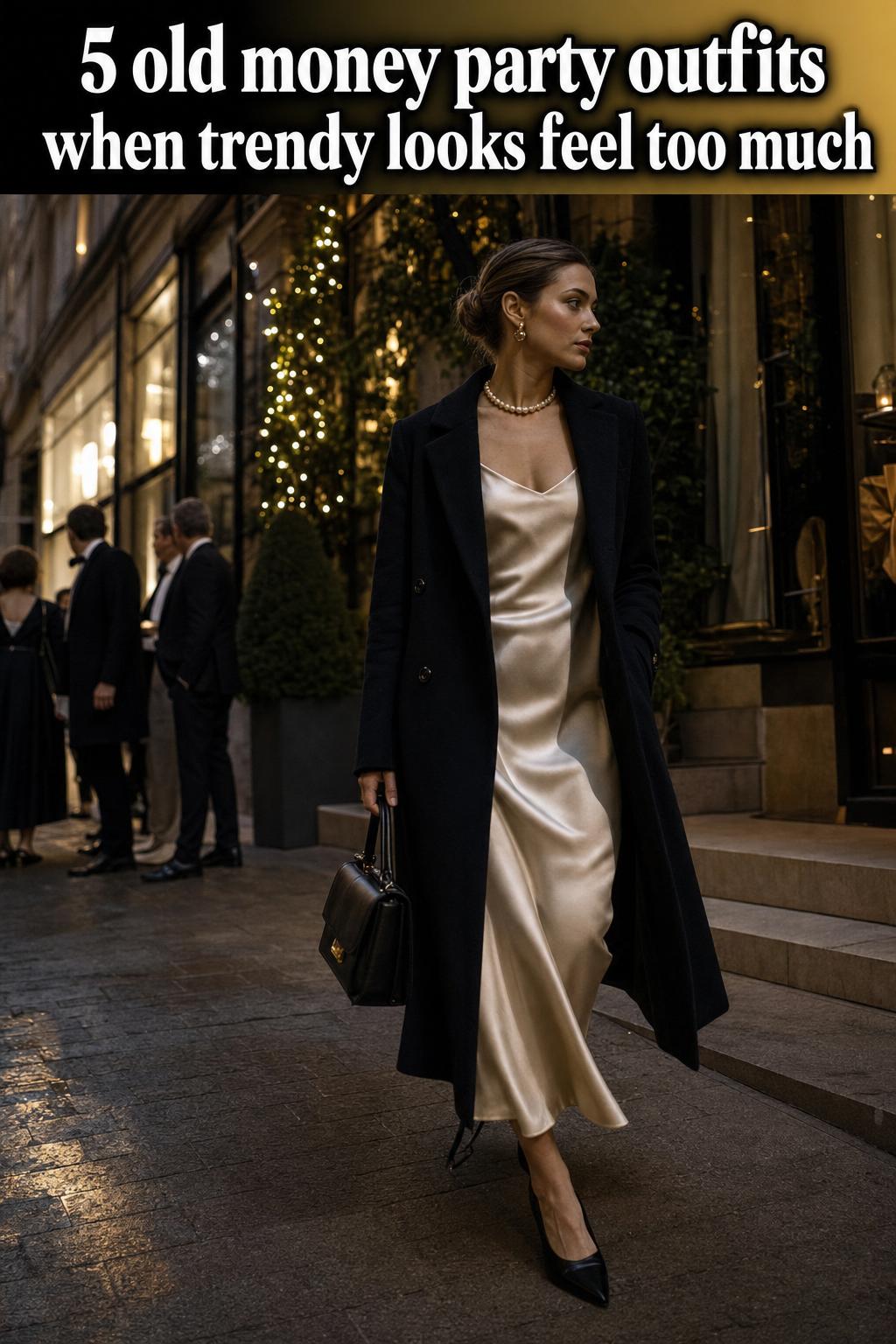 Old money party outfits styled in a luxurious townhouse setting with tailored blazers, silk dresses, and pearl accessories.