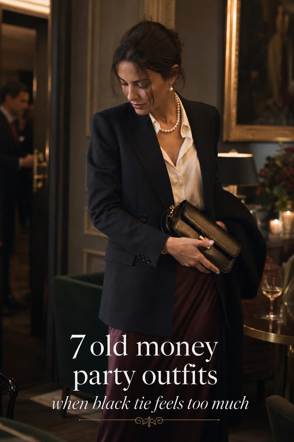 Old money party outfits in an elegant cocktail room, woman adjusting clutch in tailored blazer and silk skirt under warm light.