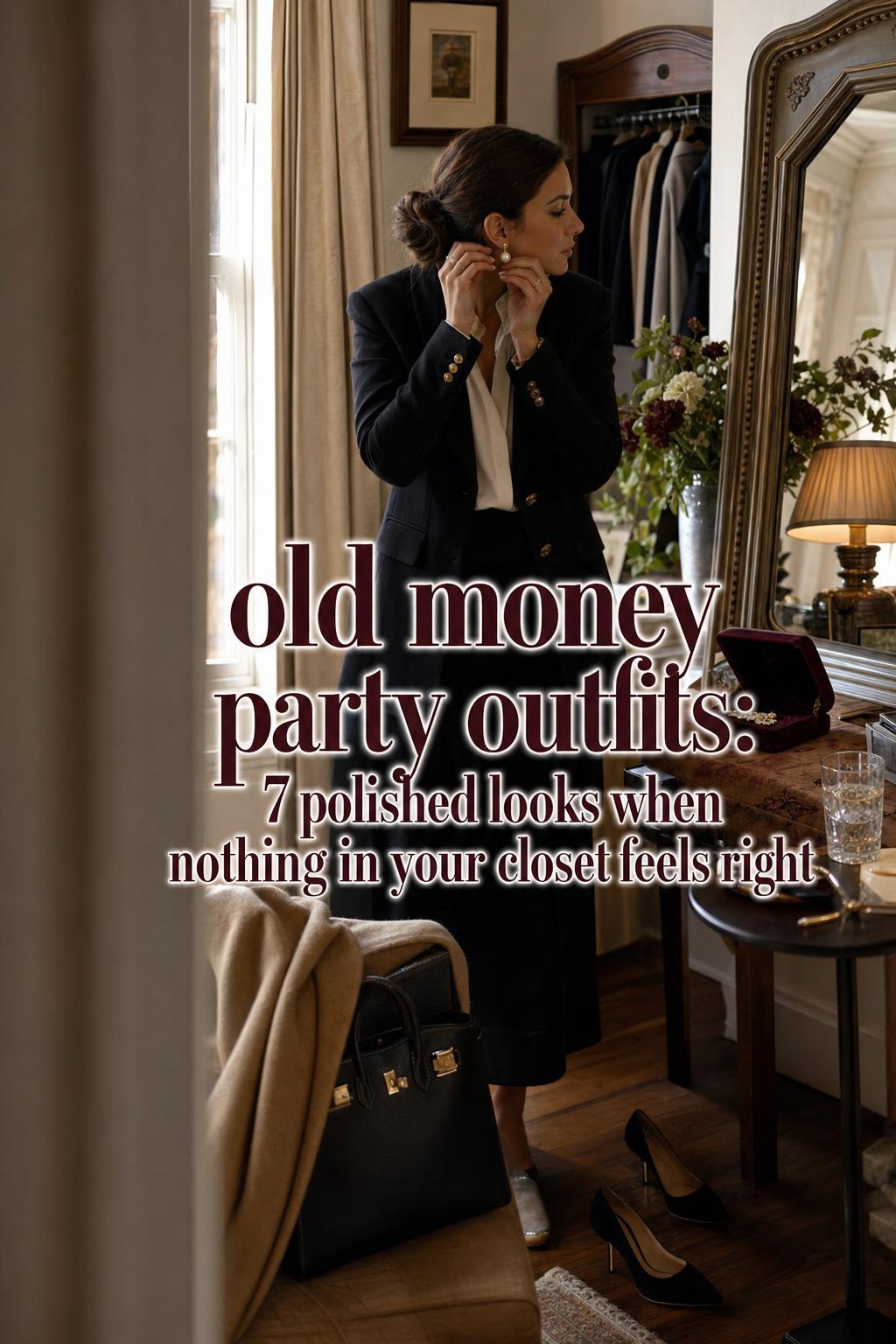 Old money party outfits scene: woman adjusting pearl earring in warm apartment mirror light, refined black blazer and silk blouse